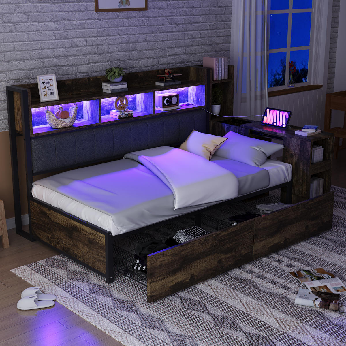 POLSTERBETT 90x200 cm LED USB Schreibtisch holz - Naturfarben, Metall (90/200cm) - Fortuna Lai
