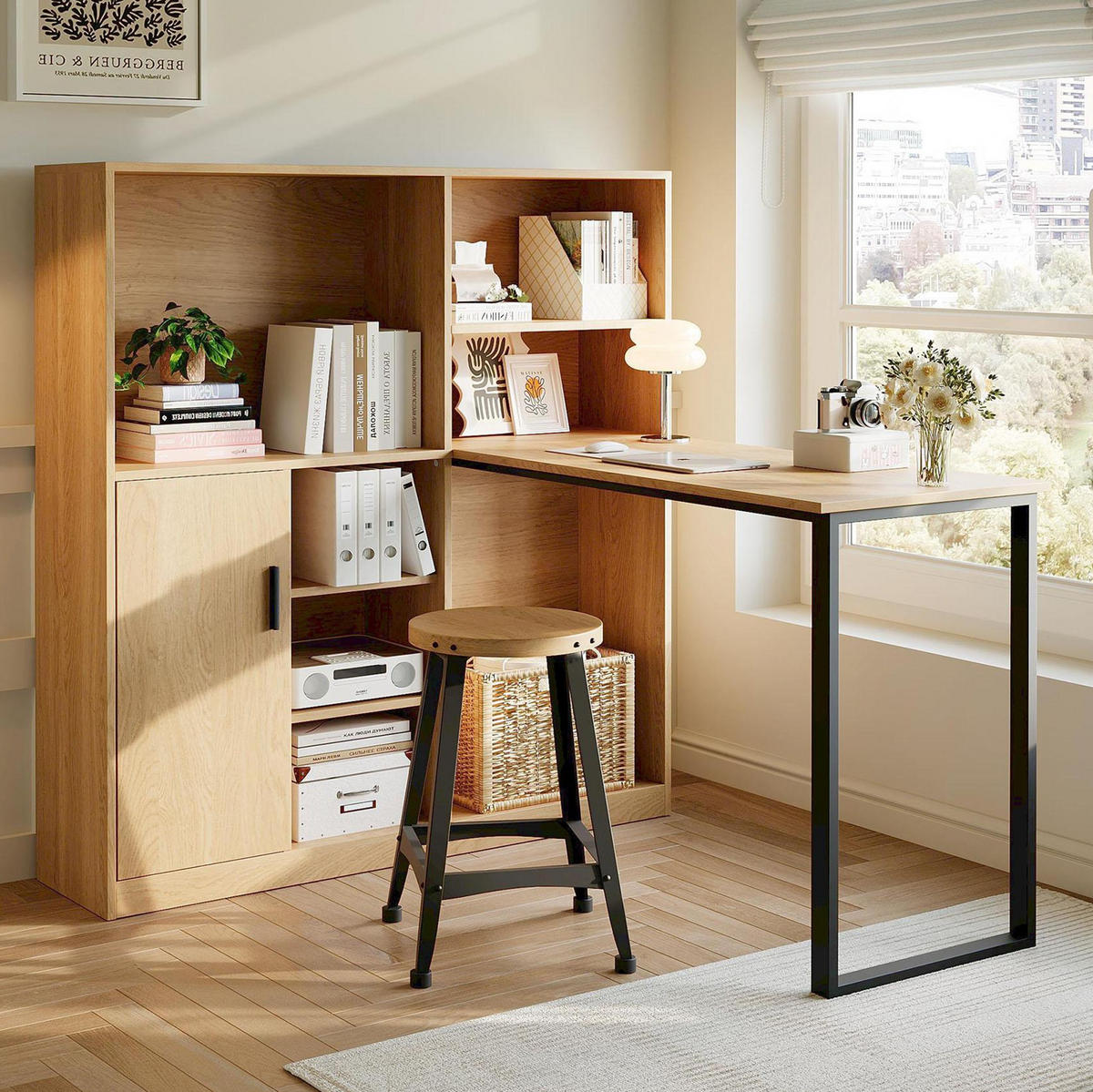 SCHREIBTISCH mit Stauraum in Natur aus MDF – mit Regal und Schrank - Naturfarben, Holzwerkstoff (50/120/120cm) - BEAOK