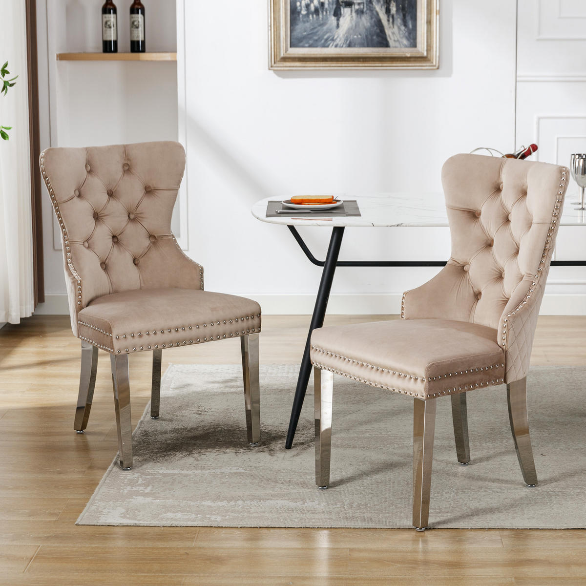 ESSZIMMERSTUHL 2er-Set mit Samtpolsterung, Massivholz-Metall-Gestell und Pin-Kopf Dekoration im modernen Design, beige - Beige, Textil (62.5/94.5/53cm) - Luhomfu