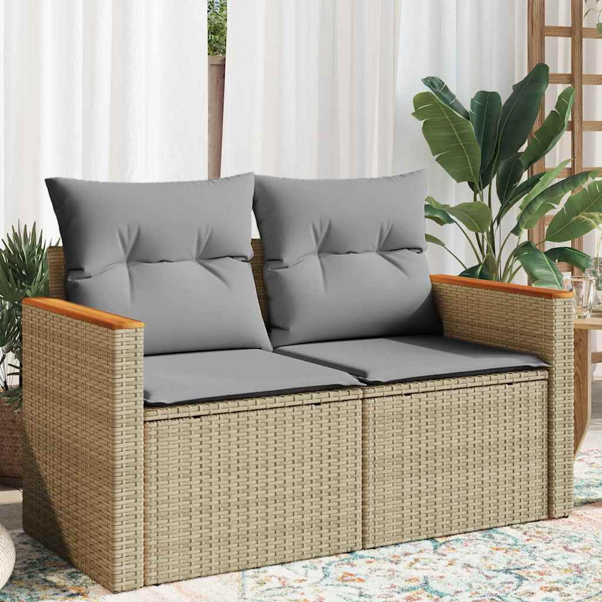 GARTENSOFA Mit Kissen 2-Sitzer Beige Poly Rattan - Beige, Kunststoff (124/69/62cm) - vidaXL