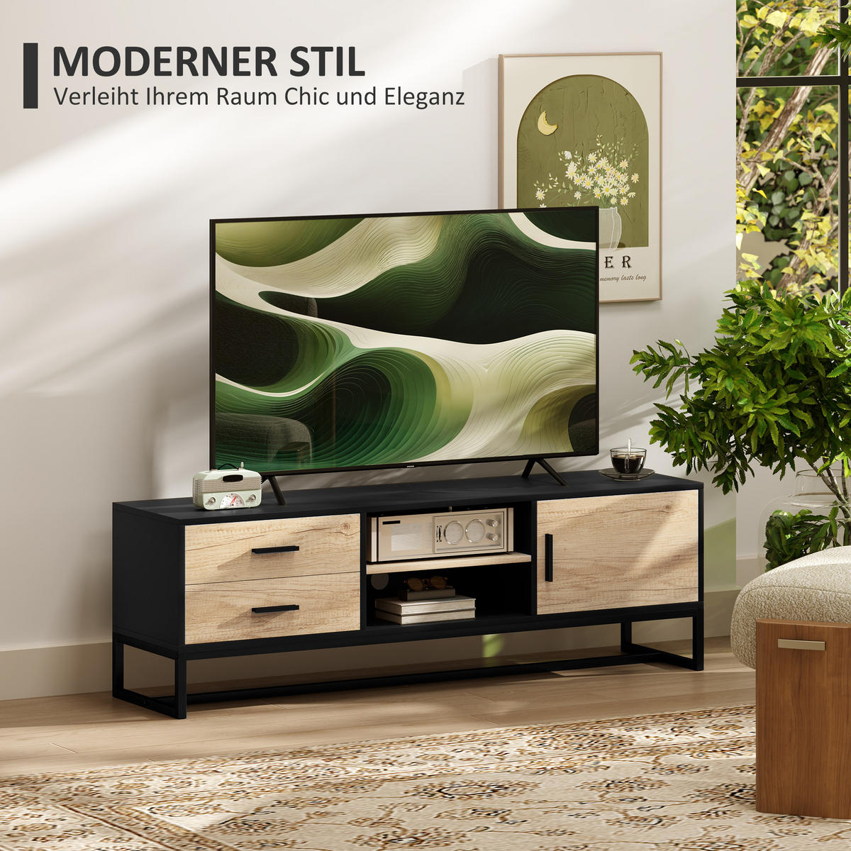 TV Schrank TV Board mit Schrankfach, Schubladen, 2 offenen Fächern Schwarz - Schwarz, Holzwerkstoff (35/45/140cm) - HOMCOM