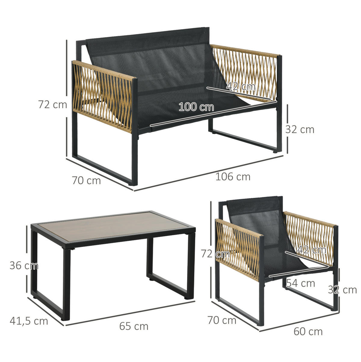 GARTENMÖBEL-SET 106/70/72 cm mit Glastisch, Sitzkissen und wetterbeständigem Polyrattan, Dunkelgrau - Dunkelgrau, Holzwerkstoff - Redom