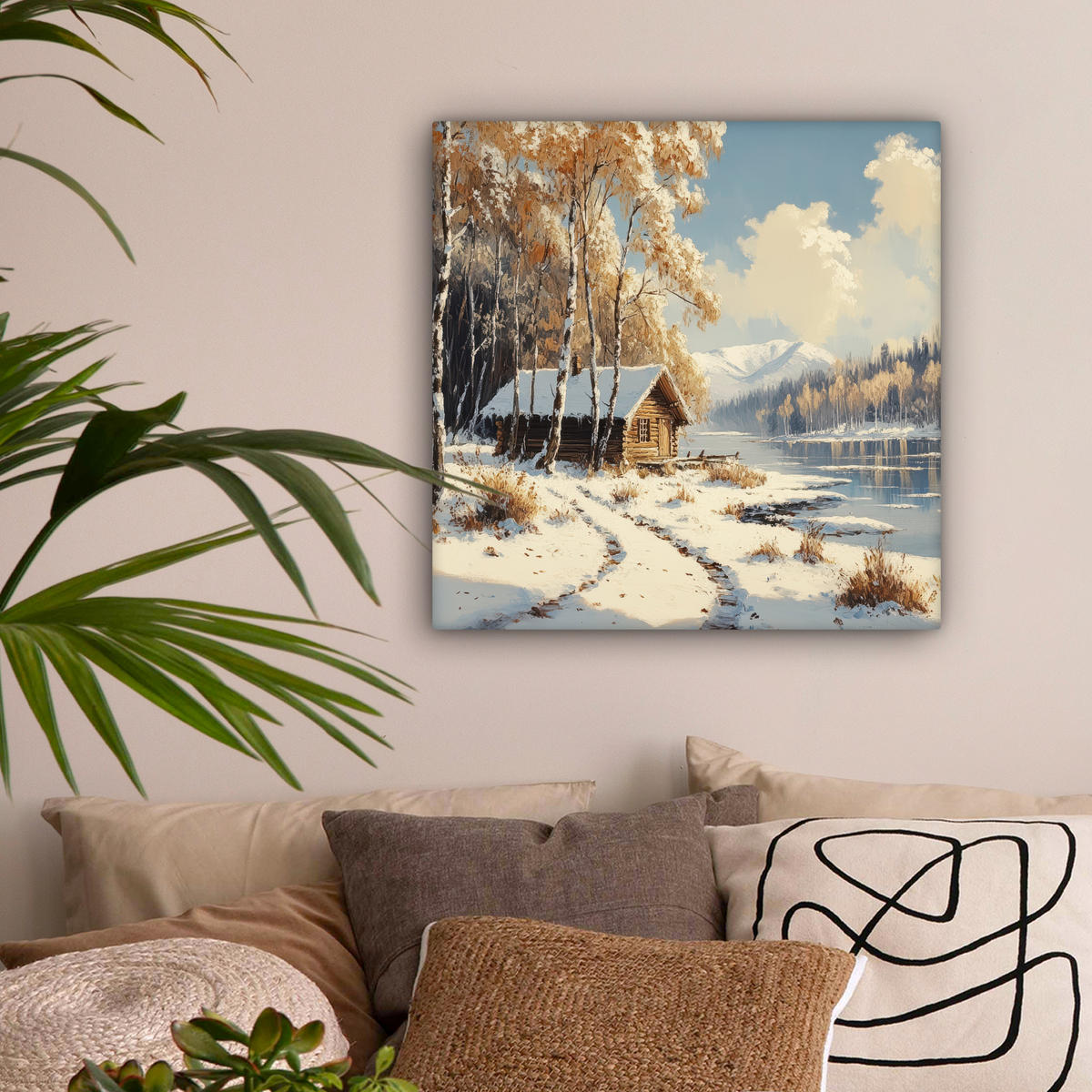 LEINWANDBILD Winter - Schnee - Zuhause - Natur Wandbild Wohnzimmer 50x50 cm - Hellbraun, Textil (50/50cm) - MuchoWow