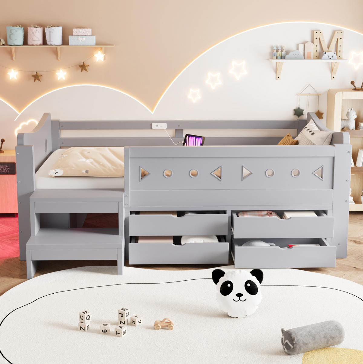 KINDERBETT Holz 90x200 cm Grau mit Stauraum, Sicherheitsgitter, LED, USB & Typ-C - Grau, Holz (90/200cm) - Modfu