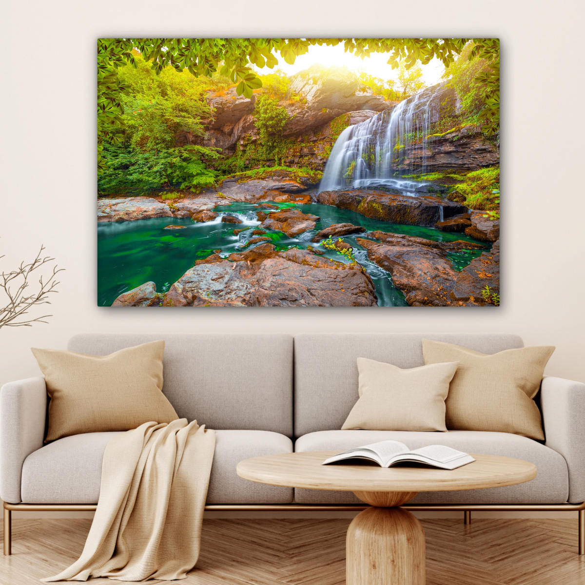 LEINWANDBILD Natur - Wasserfall - Pflanzen - Bäume - Sonne Groß 140x90 cm - Olivgrün, Textil (140/90cm) - MuchoWow