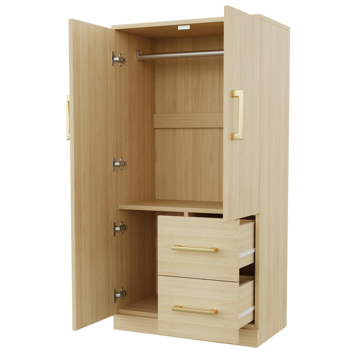 KLEIDERSCHRANK Holz, Doppeltür mit 2 Schubladen & Staufach, 70/40/135 cm, Naturholz - Naturfarben, Holz (70/135/40cm) - Redom