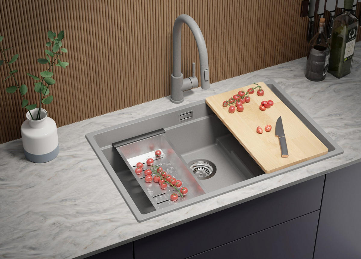 SPÜLBECKEN Praga Slim, 2-er set Grau 76/47 cm 1 Becken + Ablauf-Set + Aufrollbare Abtropffläche ab 80er Unterschrank - Chromfarben/Grau, Kunststoff (76/20/47cm) - Primagran