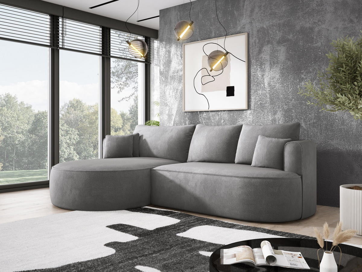 ECKSOFA FIORE-L Moderne Ausziehbare Schlaf-Funktion, automatischer Auffaltung, lose Rückenkissen freistehend LINKS 284x183x82 cm cm Silver - Silberfarben, Holz/Textil (183/284cm) - DomoHome