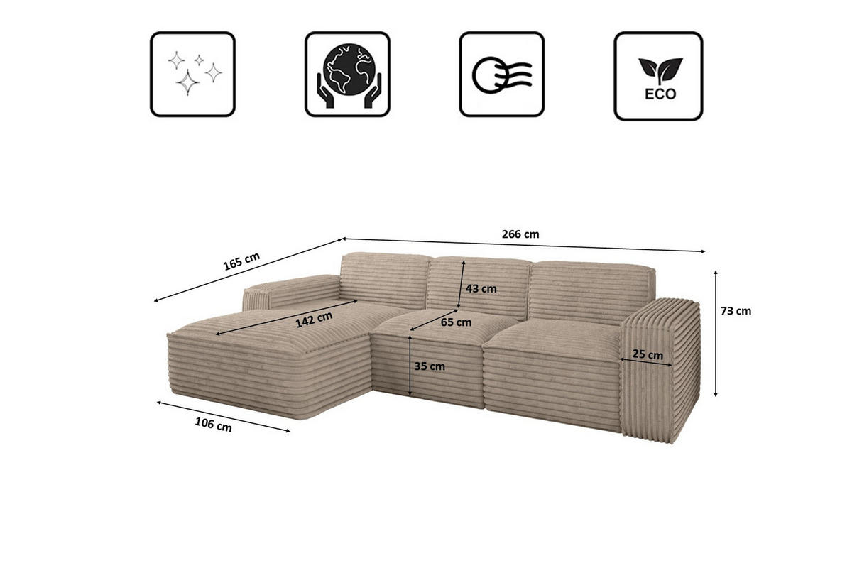 ECKSOFA L-Form Siena Stoff Velo Beige Links - Beige, Holz/Kunststoff (165/266cm) - Kaiser Möbel