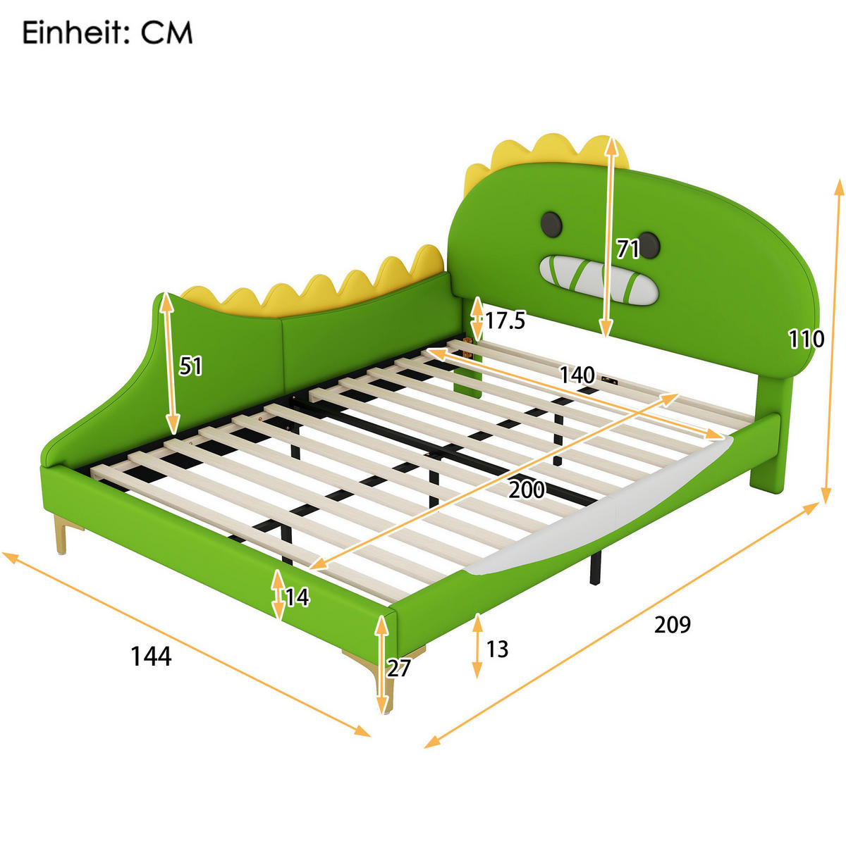 KINDERBETT 140/200 cm aus PU/MDF mit Dino-Kopfteil Grün - Grün, Leder (140/200cm) - Modenvie