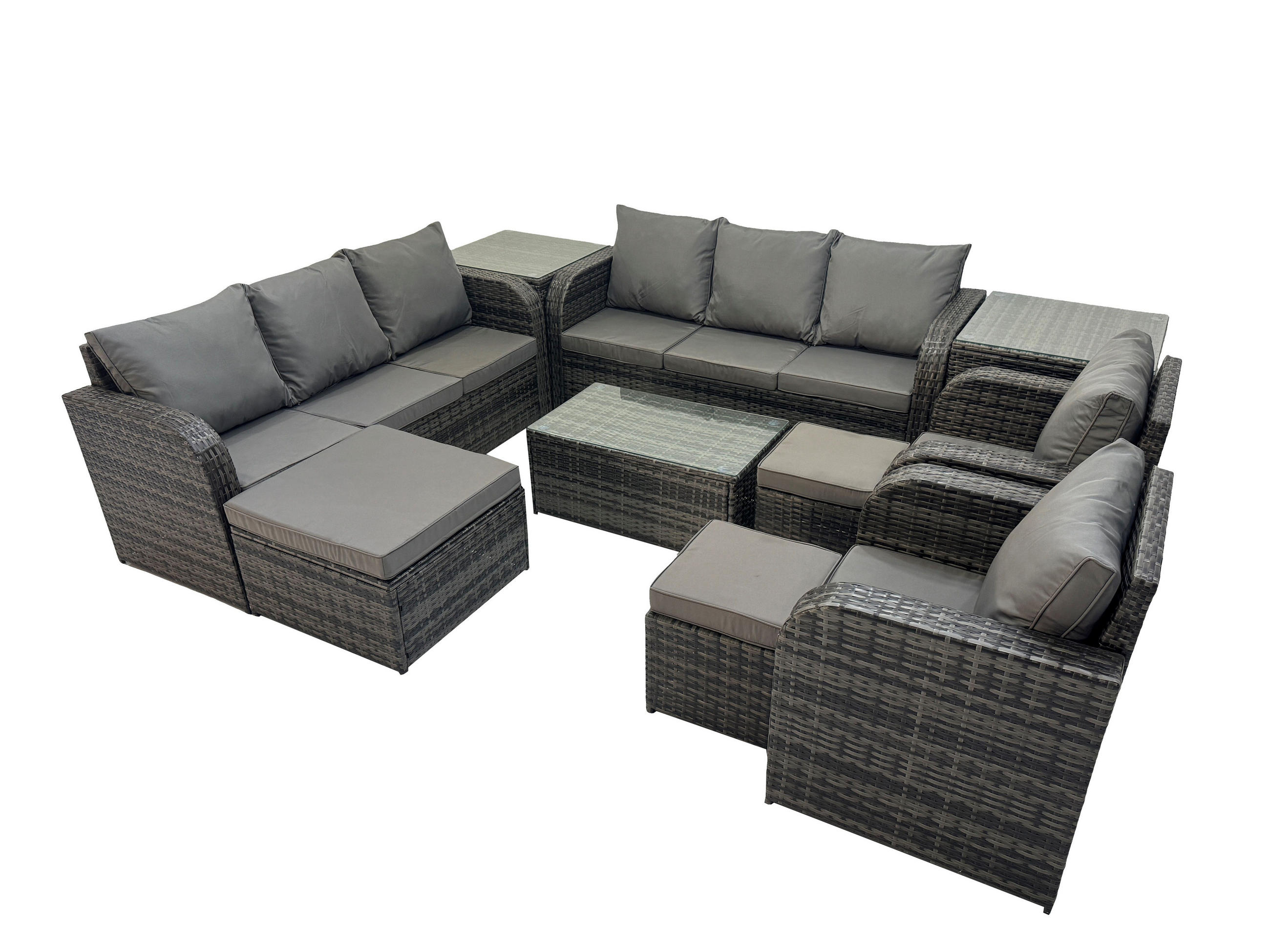 GARTENMÖBEL-SET mit Kissen Polyrattan Dunkelgrau 11-Sitzer - Dunkelgrau/Grau, Glas/Kunststoff - Fimous