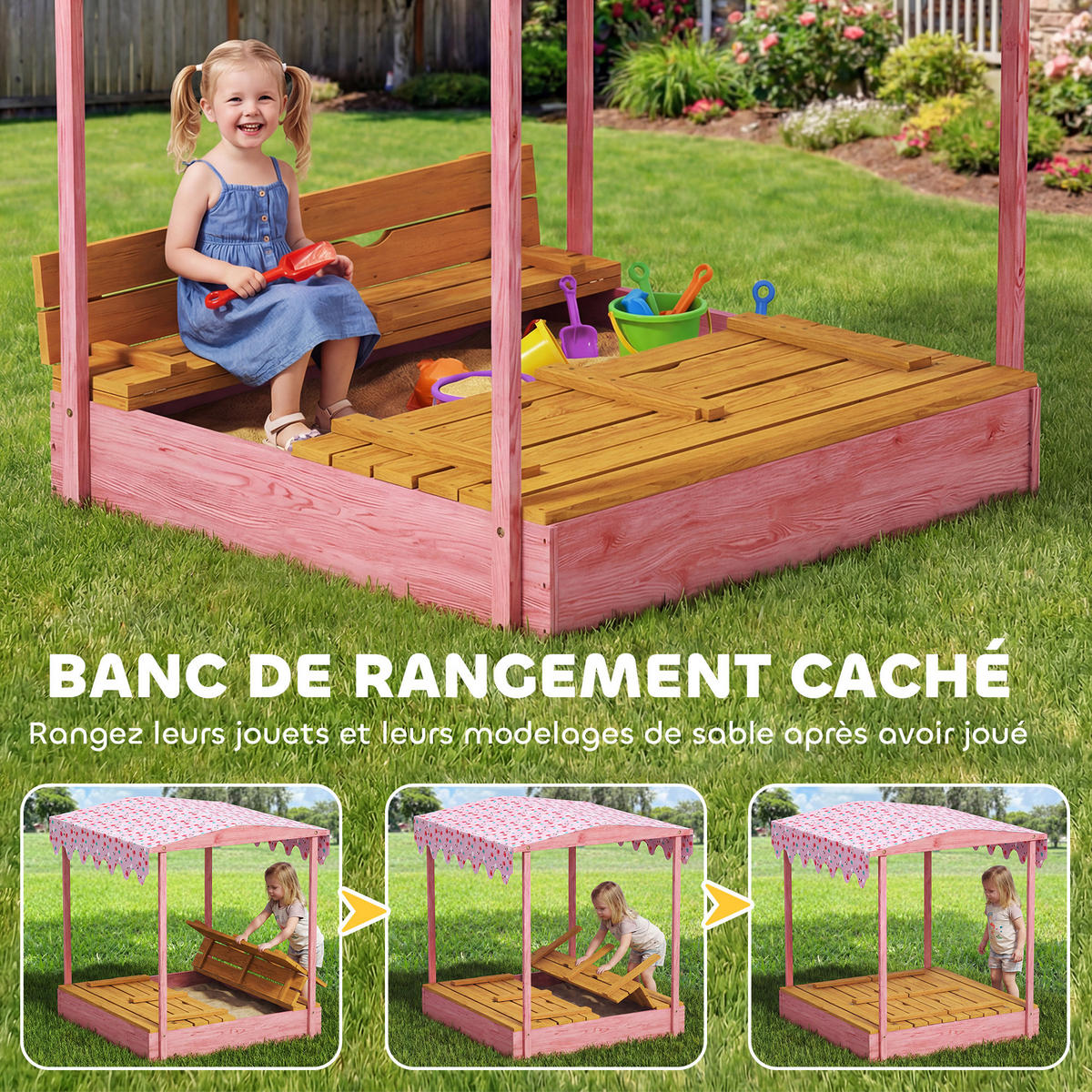 SANDKASTEN DE-18761 mit Klappbänken & Flamingo-Sonnensegel - Pink, Holzwerkstoff (134.5/127.5/130cm) - ComfortXL