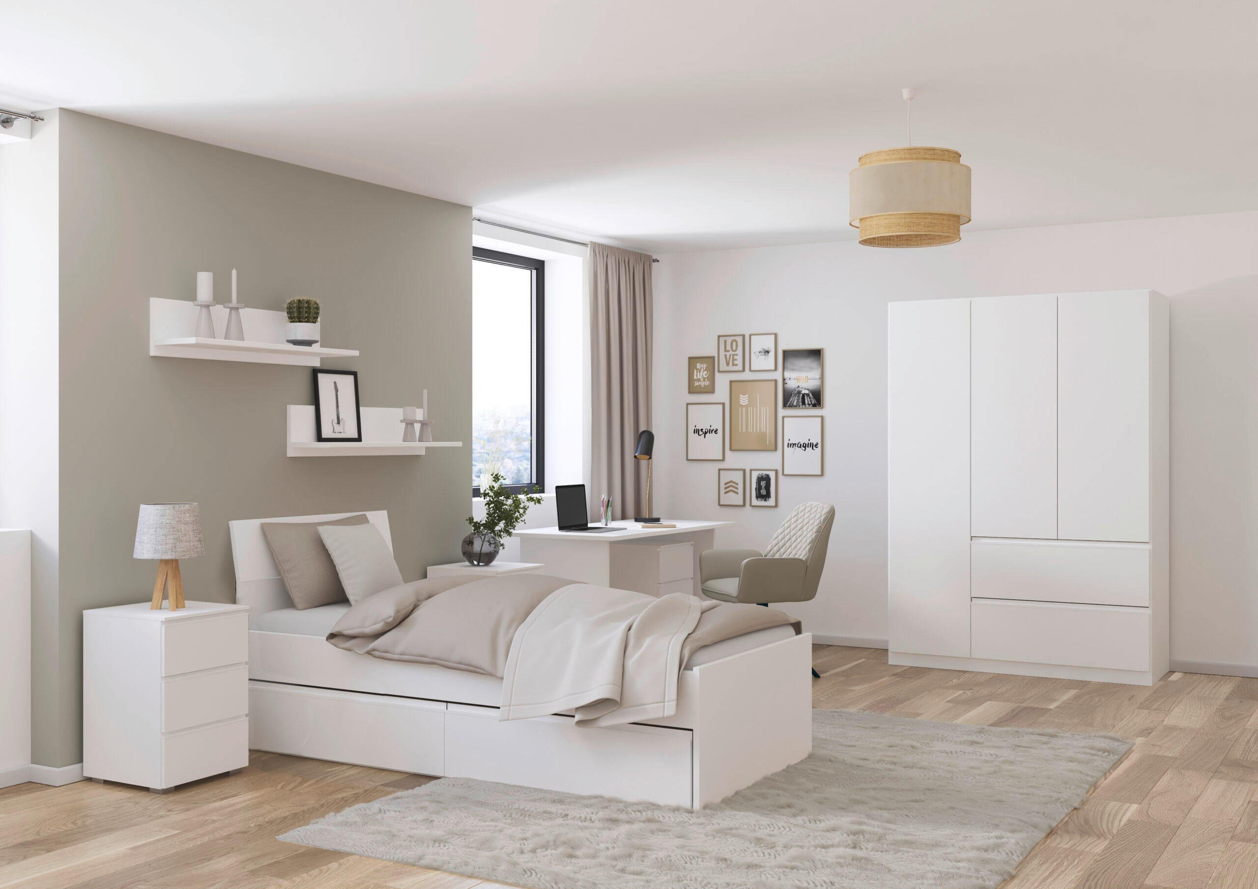 JUGENDZIMMER Joel in Weiß 5 teilig – mit 3türigem Kleiderschrank ohne Spiegel, 90er Jugendbett, Nachttisch, Schreibtisch und Rollcontainer - Weiß, Holzwerkstoff (80/200/120cm)