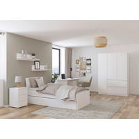 JUGENDZIMMER Joel in Weiß 5 teilig – mit 3türigem Kleiderschrank ohne Spiegel, 90er Jugendbett, Nachttisch, Schreibtisch und Rollcontainer - Weiß, Holzwerkstoff (80/200/120cm)
