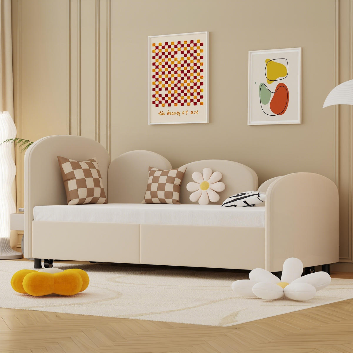 KINDERBETT in Blütenform mit Schublade 90x200 cm Samt Beige - Beige, Metall (90/200cm) - Meubliv