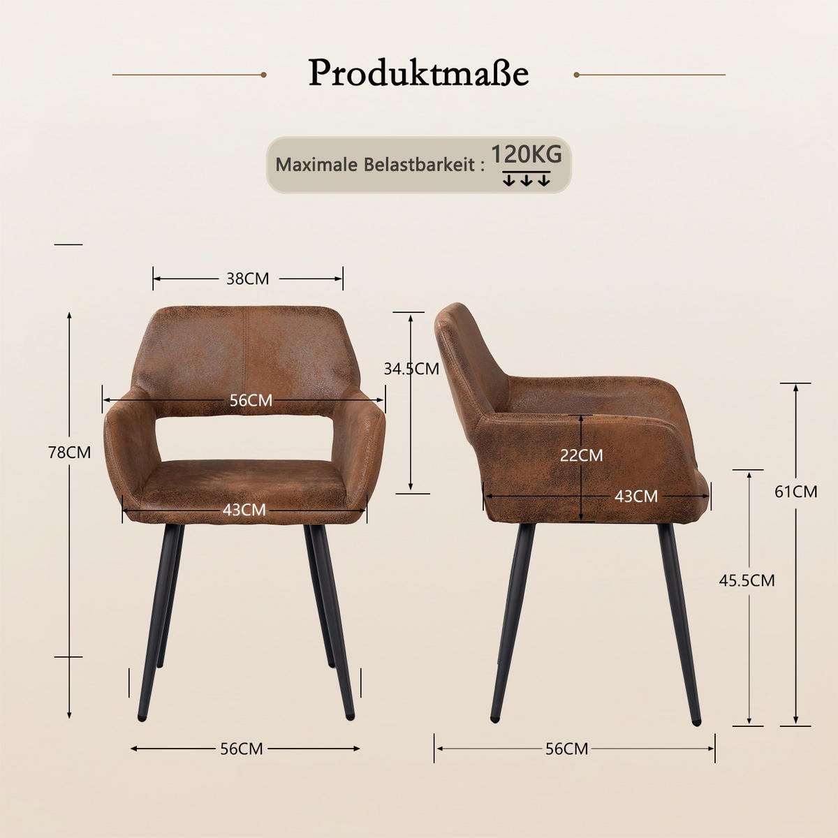 ESSGRUPPE 1 Tisch & 4 Suede Armlehnenstühle Braun - Schwarz/Braun, Textil/Metall (56/78/56cm) - Meubles Cosy