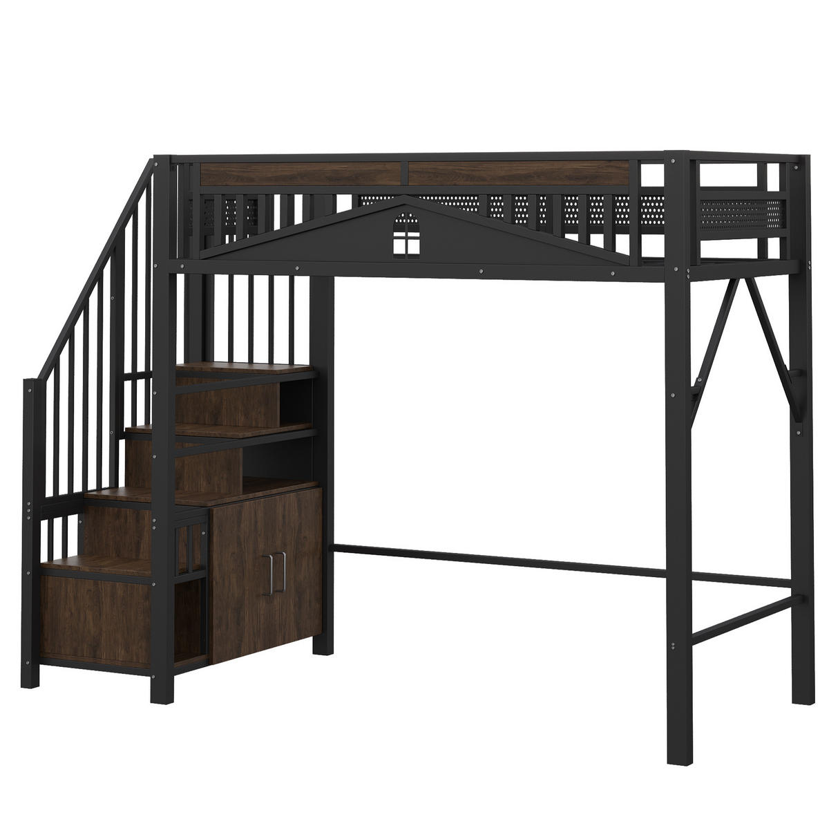 HOCHBETT 90/200 cm mit Stauraumtreppe, Schrank und Sicherheitszaun aus Metall/ Holzwerkstoff, Schwarz - Schwarz, Metall (90/200cm) - Redom