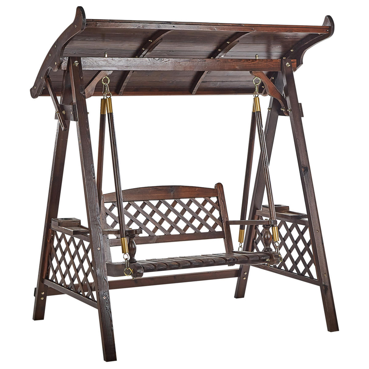 HOLLYWOODSCHAUKEL 2-Sitzer Dunkler Holzfarbton Senarica - Dunkelbraun/Goldfarben, Holz (170/177/118cm) - Beliani