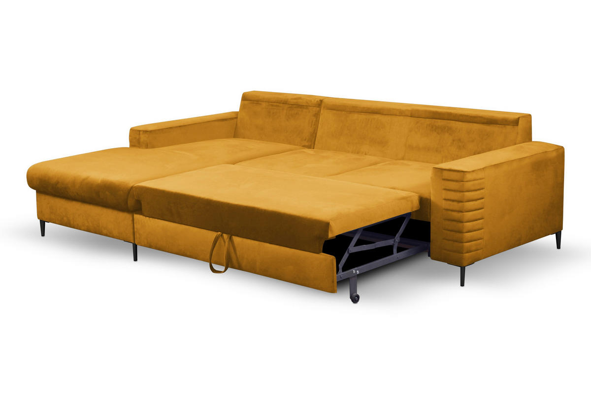 ECKSOFA GRIFO L-S Gelb Velours-Stoff mit Schlaffunktion - Gelb, Holz (253/165cm) - MASSENO