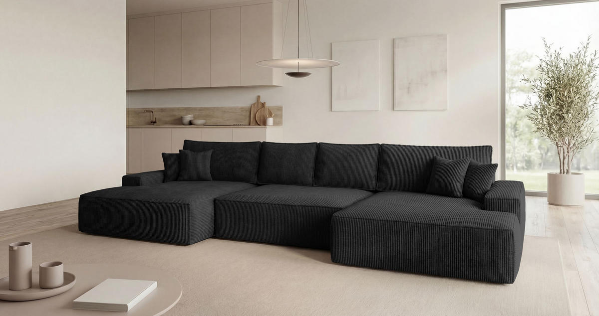 WOHNLANDSCHAFT VERONA U-Form schwarz Cord Poso 135 - Schlaffunktion, Bettkasten - Schwarz, Textil (385/86/185cm) - Cornero