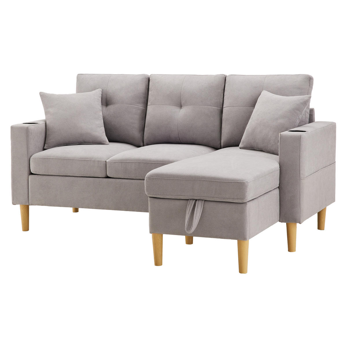 ECKSOFA Baumwolle-Leinen mit Stauraum und Getränkehaltern 175/129/90 cm Hellgrau mit 2 Kissen - Hellgrau, Textil (175/129cm) - Redom