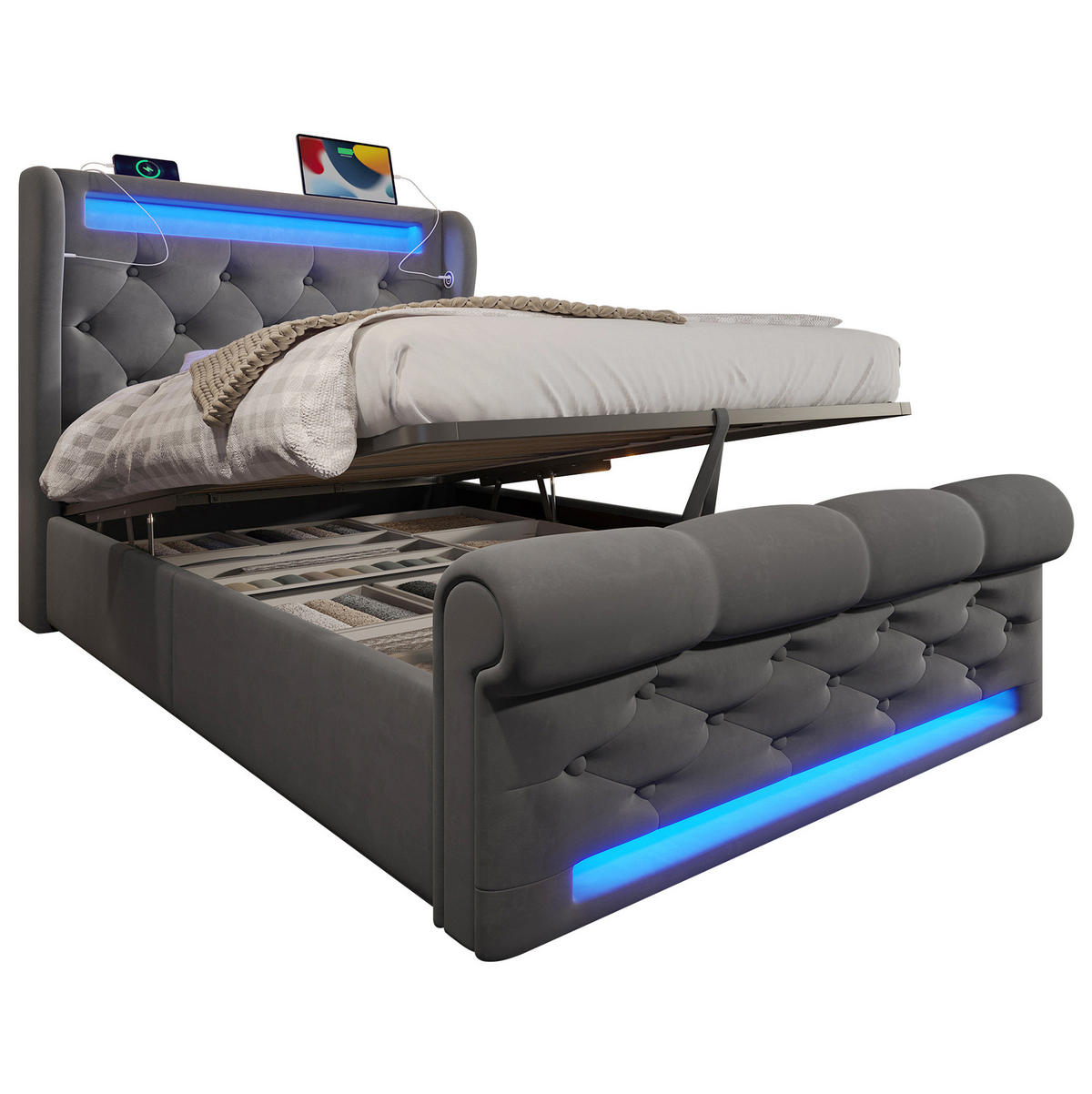 POLSTERBETT 90/200 cm Grau aus Samt mit LED, Stauraum, USB- und Type-C-Anschlüssen - Grau, Textil (90/200cm) - Flora Grace