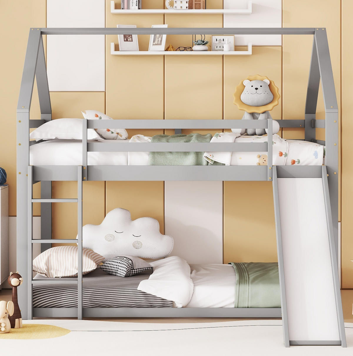 ETAGENBETT 140/200 cm mit Rutsche, Leiter und Hausdesign aus Kiefer , Grau - Grau, Holzwerkstoff (140/200cm) - Redom
