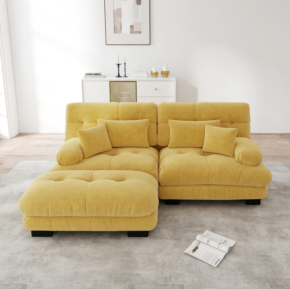 ECKSOFA aus Chenille in Gelb mit Ottomane & Kissen - Gelb, Textil (145/81/220cm) - Modfu