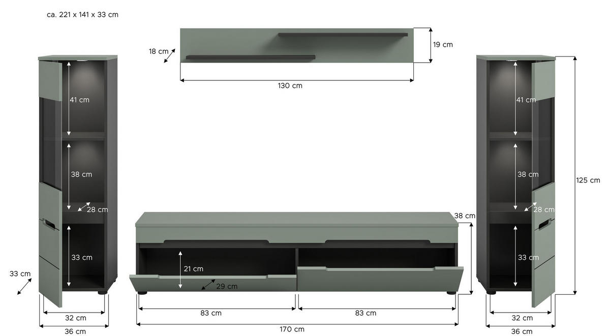 WOHNWAND inkl Beleuchtung Nova 4 tlg. (B/H/T: ca. 272/141/33 cm) in Basalt grau/Smoke Green - Grau, Holzwerkstoff (272/141/33cm)