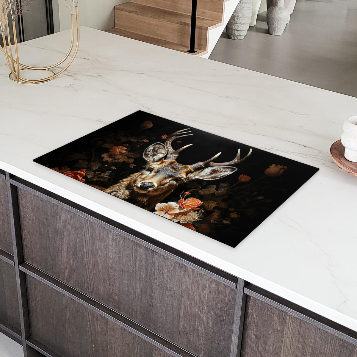 HERDABDECKPLATTE Hirsch - Tier - Blumen - Natur - Botanisch 85x52 cm - Kupferfarben, Kunststoff (85/52/0.2cm) - MuchoWow