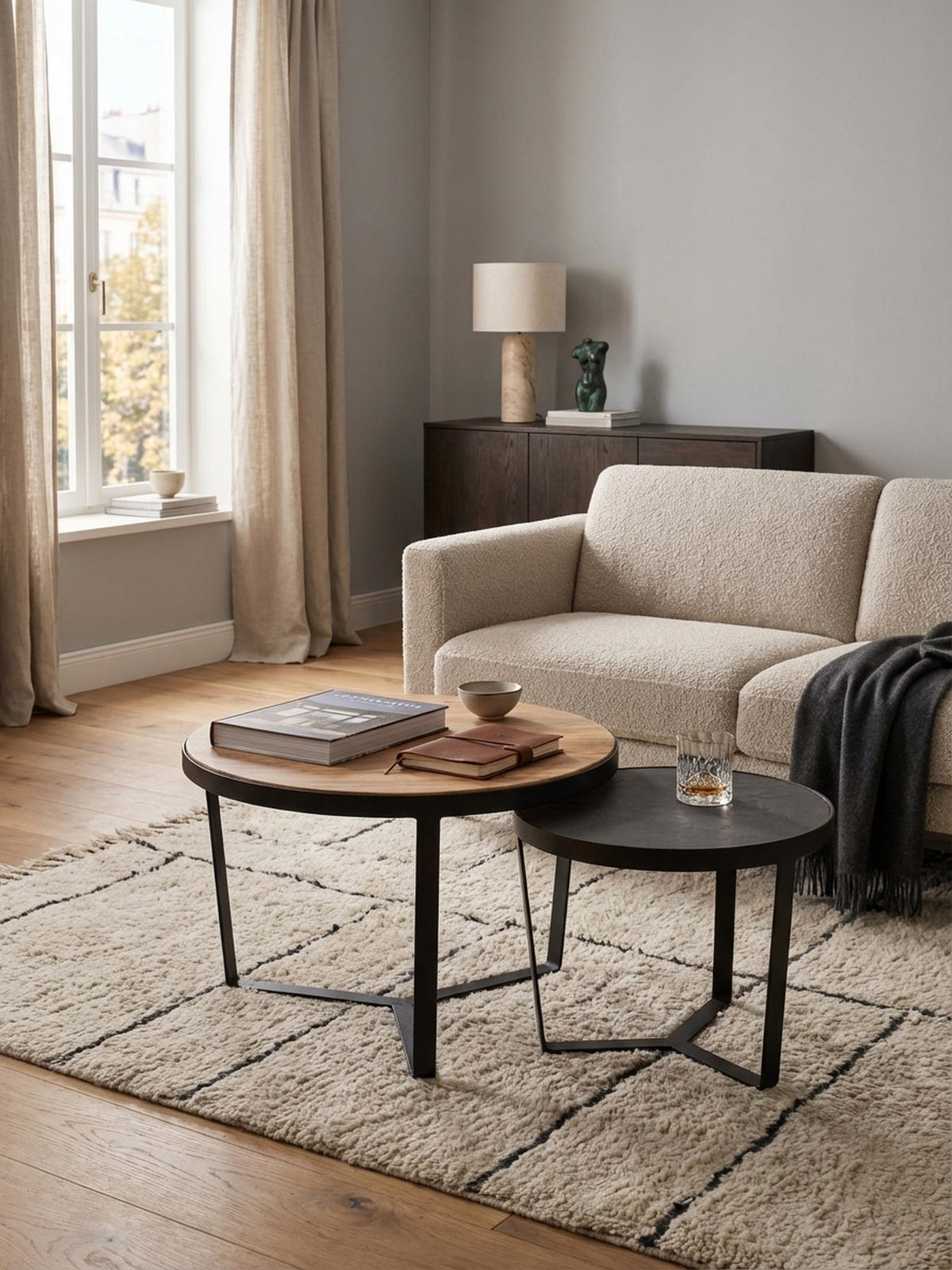 COUCHTISCH Set rund – Akazie Massivholz, Steinoptik, Metallgestell, Braun-Anthrazit - Schwarz, Holz/Metall (60/60/40cm) - KADIMA DESIGN