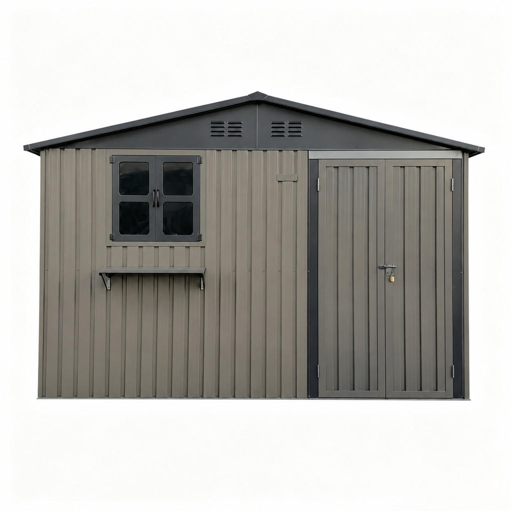 GERÄTEHAUS 313.1/255.4/199.9 cm Braun mit öffnbaren Fenstern, abschließbarer Tür und Blumenregal (7,19 m²) - Braun, Metall (255.4/199.9/313.1cm) - Oxeza