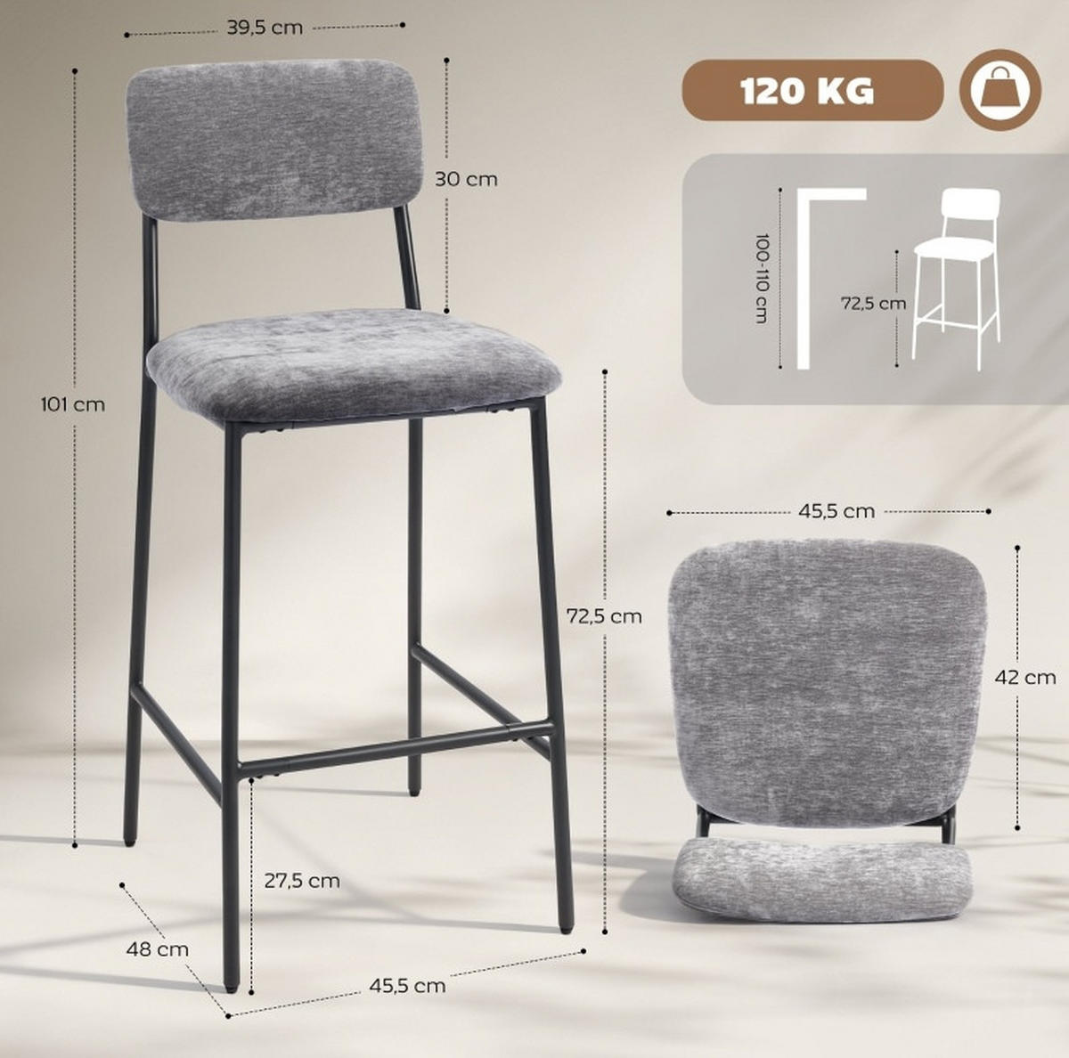 BARSTUHL 2er-Set mit Rückenlehne 45,5 x 48 x 101 cm Grau - Grau, Metall (45.5/101/48cm) - Meubliv