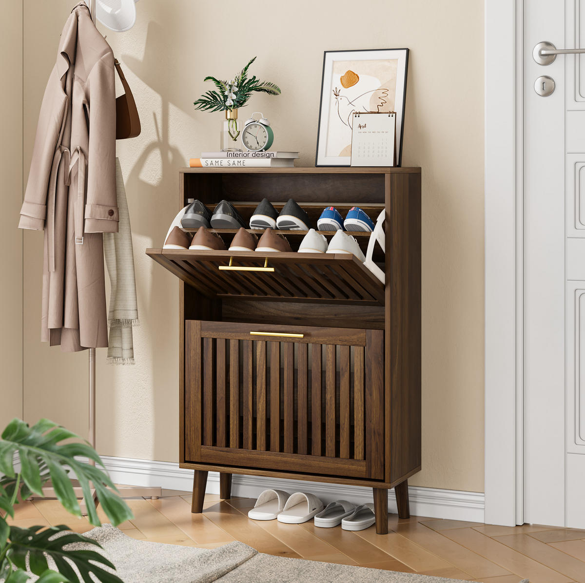SCHUHSCHRANK 60 cm mit 2 Klappen, offenem Ablagefach und Kippschutz im Landhaus-Design, Walnussfarben - Walnussfarben, Holzwerkstoff (60/93/24cm) - Redom