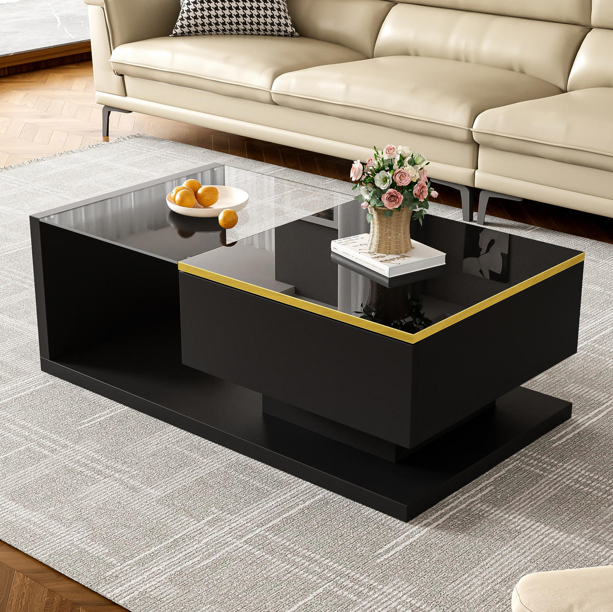 COUCHTISCH 90/50/32,5 cm in Hochglanz-Schwarz mit Glas und LED-Beleuchtung - Schwarz, Holzwerkstoff (90/50/32.5cm) - Flora Grace