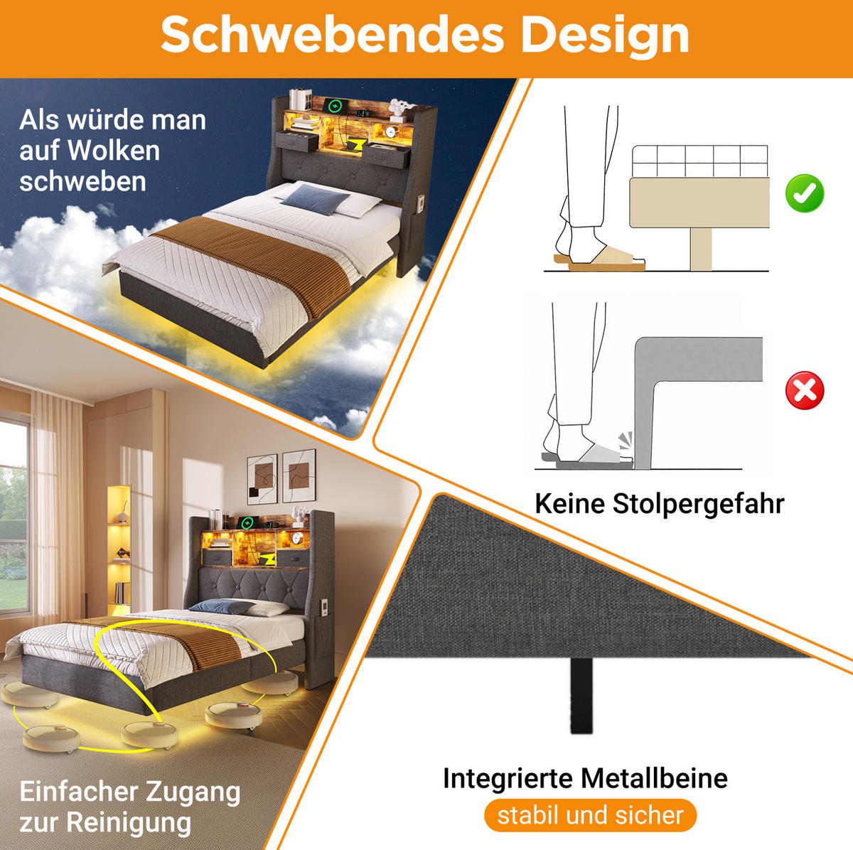 POLSTERBETT 90/200 cm Grau aus Leinen mit LED und Ladestation - Grau, Textil (90/200cm) - OKMYHOME