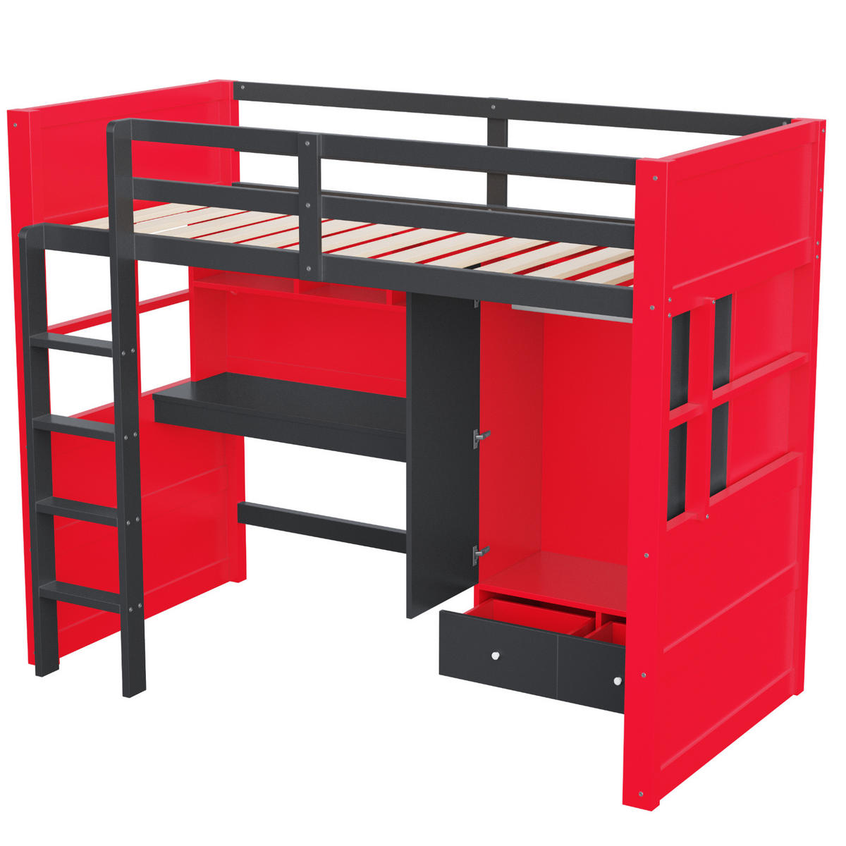 HOCHBETT 90/200 cm Schwarz/Rot mit LED und Lattenrost - Schwarz, Holz (90/200cm) - MIVRAY