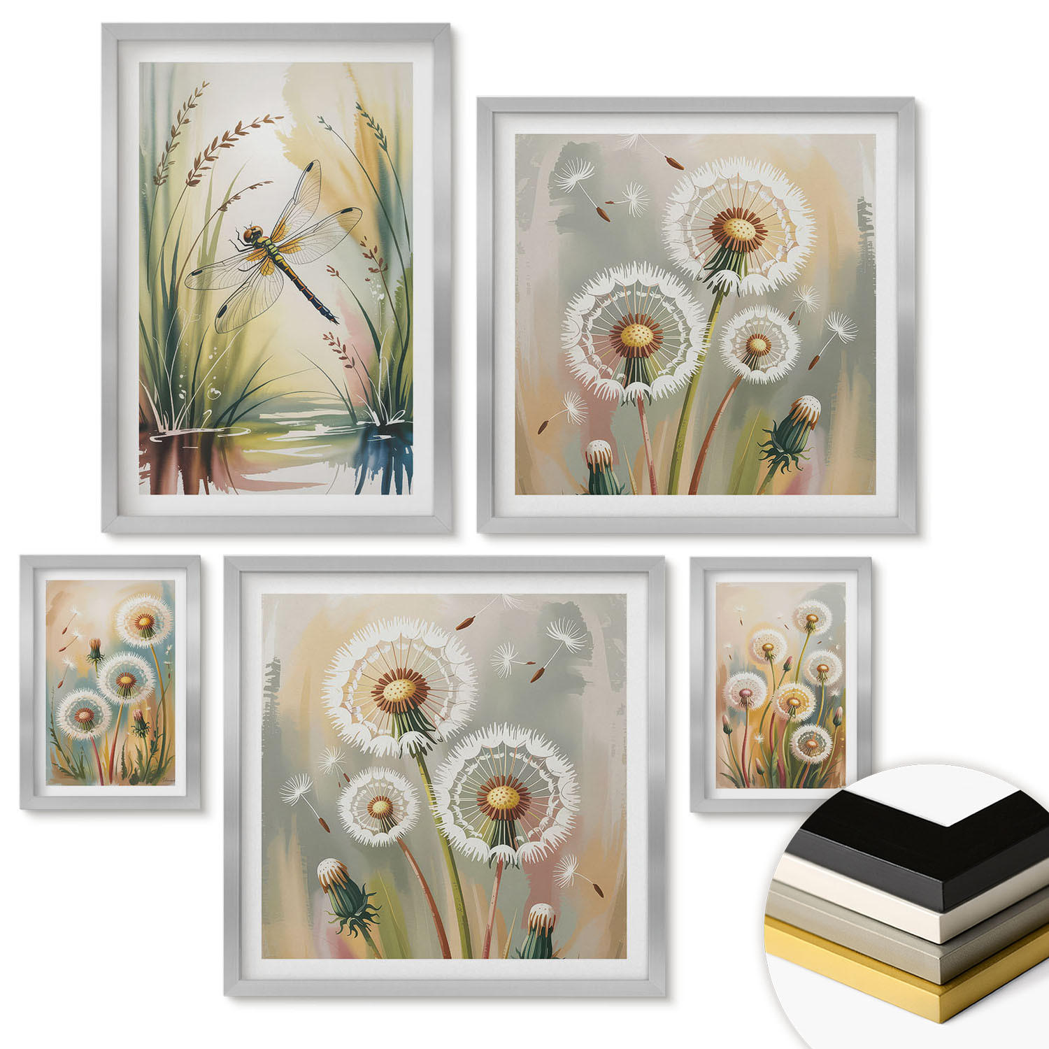 WANDBILDER 5er Set - 50x50 cm & 20x30 cm & 40x60 cm Silberner Rahmen - Pastellfarbene Löwenzahnblüten - Silberfarben, Kunststoff (40/60cm) - ArtPrintCave