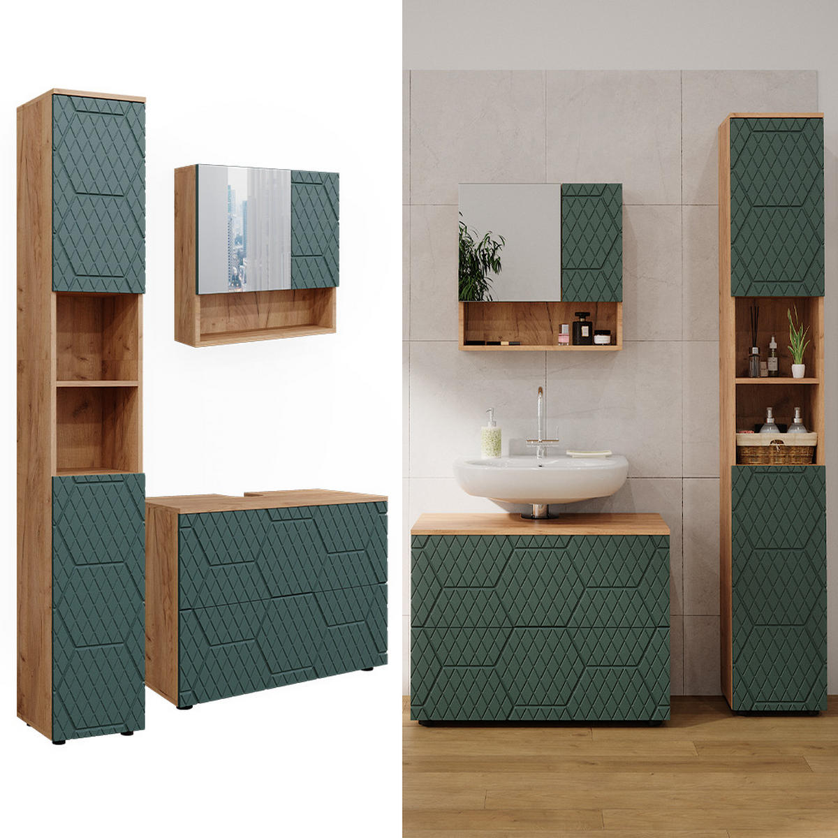 BADMÖBEL-SET Irma Grün 3 Teile, mit Schubladenschrank und Hochschrank - Honigeiche/Grün, Holzwerkstoff (80/58.6/41cm) - Vicco