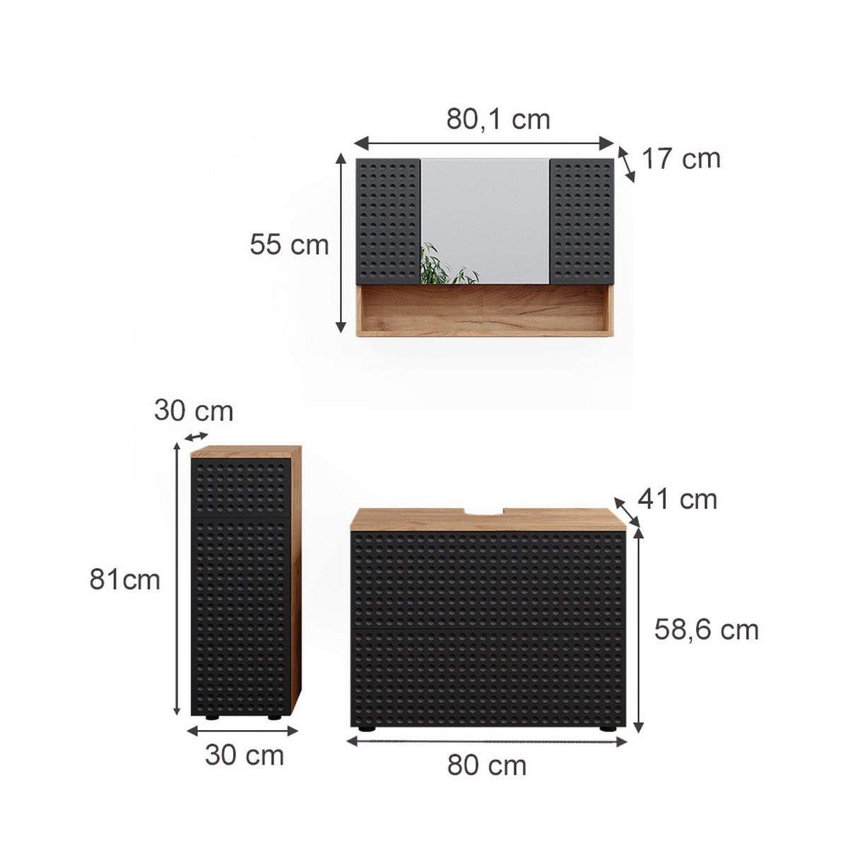 BADMÖBEL-SET Irma Anthrazit gepunktet 3 Teile - Honigeiche/Anthrazit, Holzwerkstoff (80/58.6/41cm) - Vicco