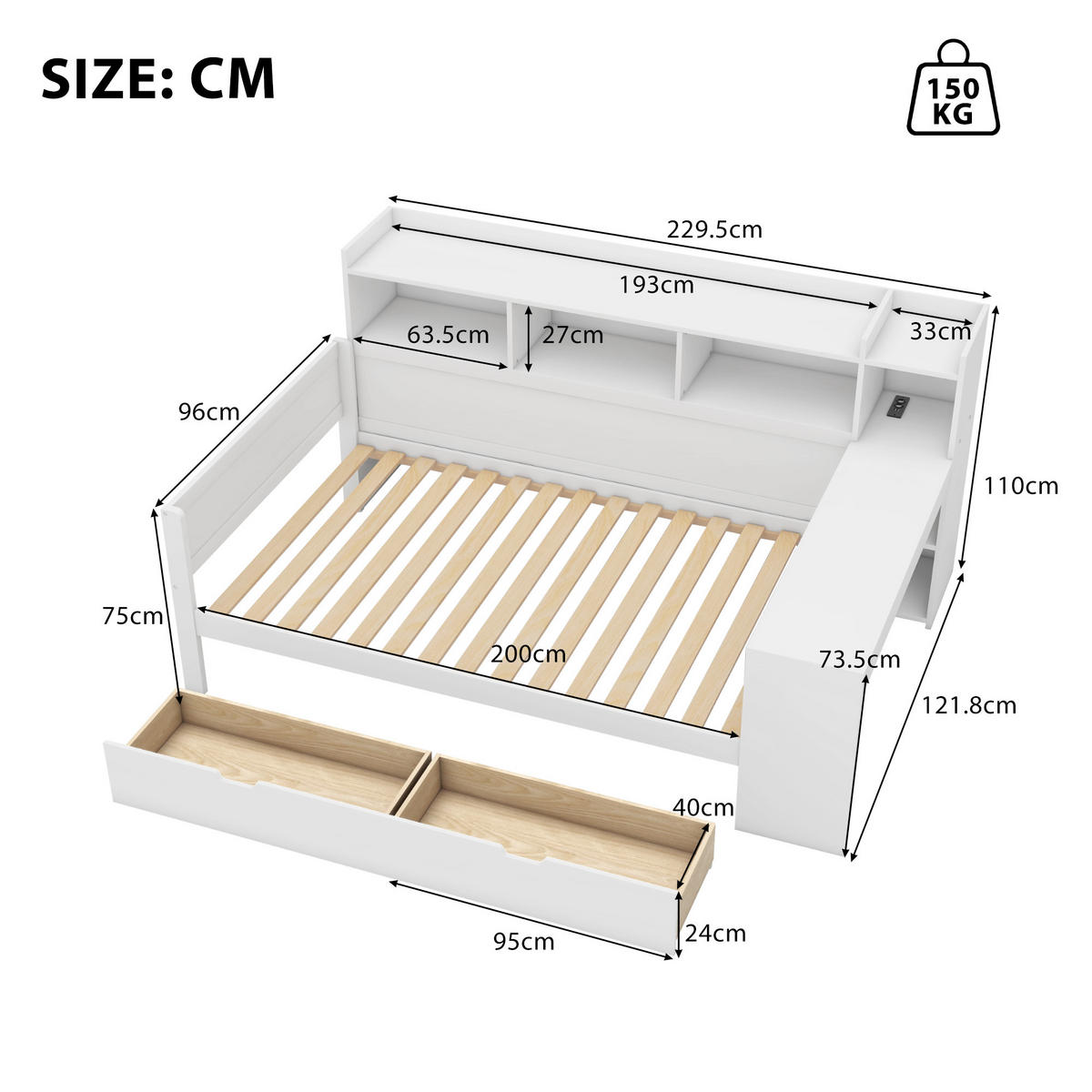BETT 90/200 cm mit Nachttischablage und USB-Anschluss in Weiß - Weiß, Holzwerkstoff (90/200cm) - OKWISH