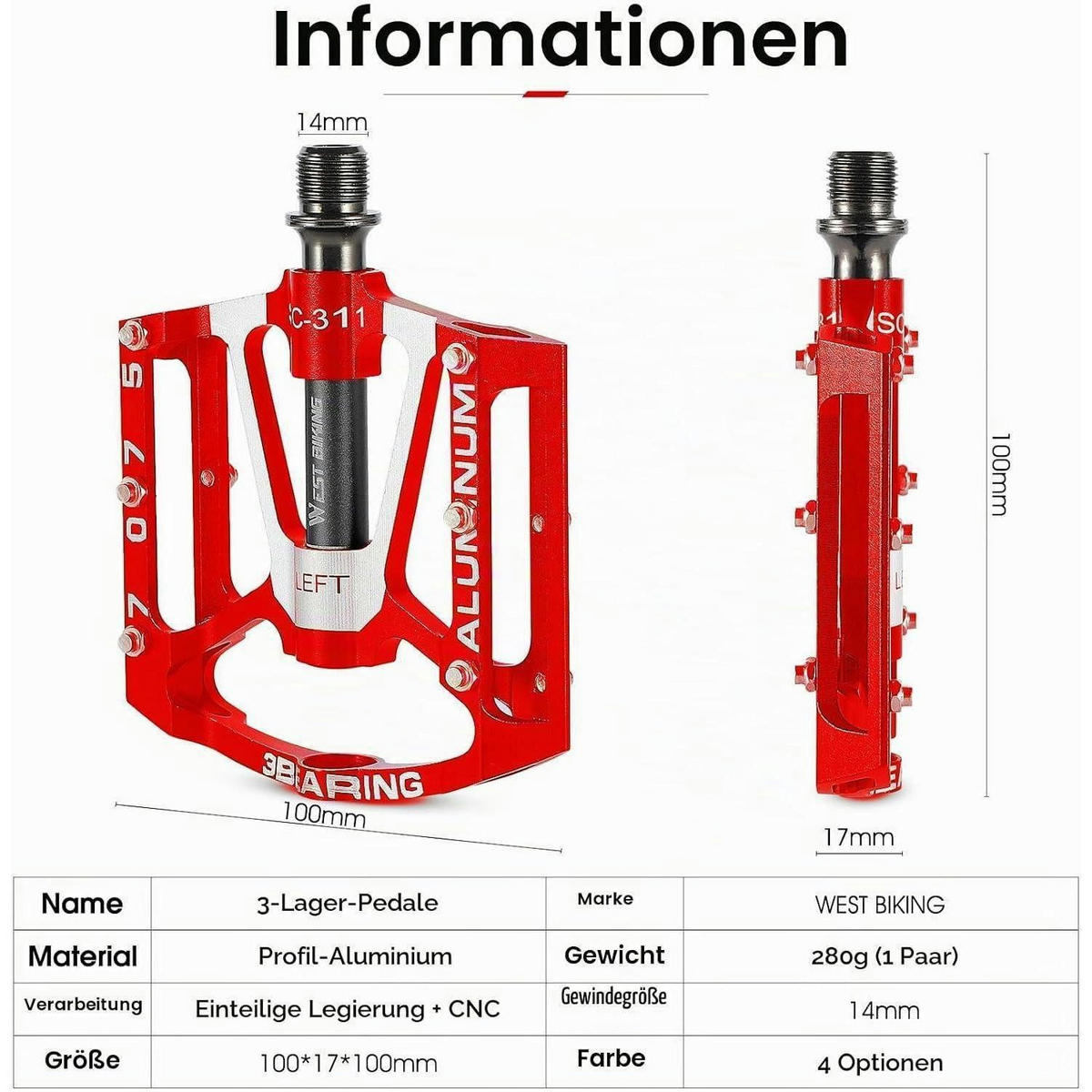 FAHRRADPEDALE Aluminium CNC Rot 9/16 Zoll rutschfest 3 Dichtlager - Rot, Metall (10/1.5/10cm)