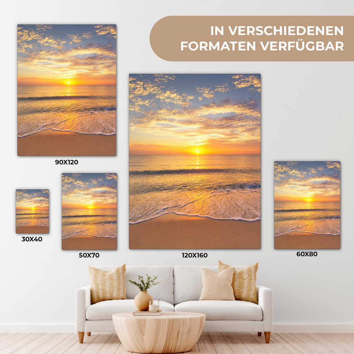 LEINWANDBILD Strand - Sonnenuntergang - Meer 60x80 cm - Gelb, Textil (60/80cm) - MuchoWow