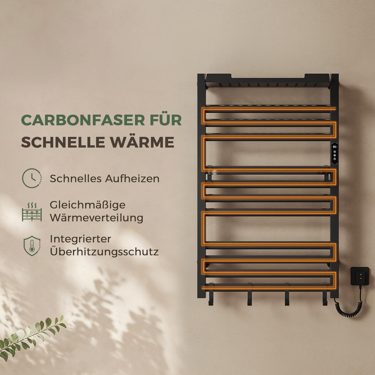 HANDTUCHHEIZKÖRPER 45/60 cm Schwarz elektrisch 155 W mit WLAN, Ablage und 6 Haken - Schwarz, Metall (60/45/20cm) - S'AFIELINA