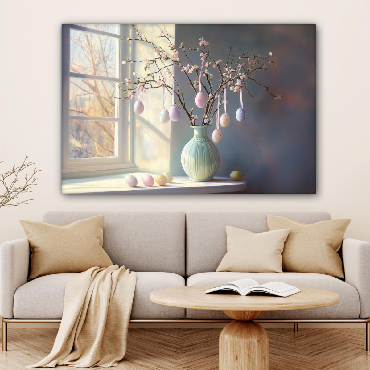 LEINWANDBILD Stillleben - Vase - Osterzweig Groß 140x90 cm - Hellblau, Textil (140/90cm) - MuchoWow