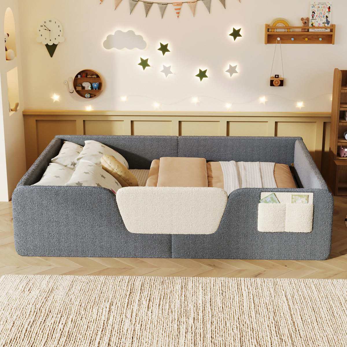 KINDERBETT Liegefläche 140/190 cm mit abnehmbaren Seitengittern in Grau - Grau, Textil (140/190cm) - BEAOK