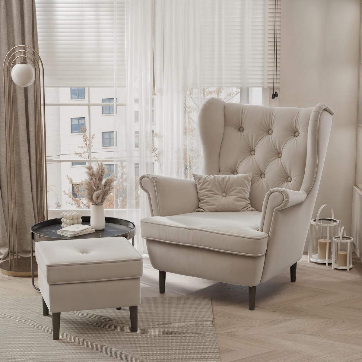 OHRENSESSEL SCANDI mit hocker, Samt Beige - Beige, Holz/Textil (75/97/57cm) - Idohome