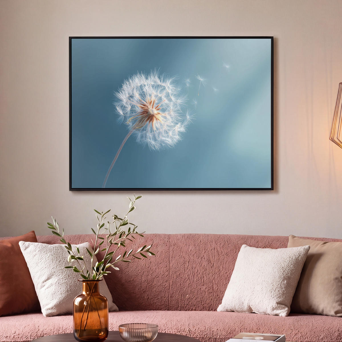 LEINWAND Bilder mit Rahmen - Löwenzahn - Wind - Blau - 100x70 - Blaugrau, Textil (100/70cm) - MuchoWow