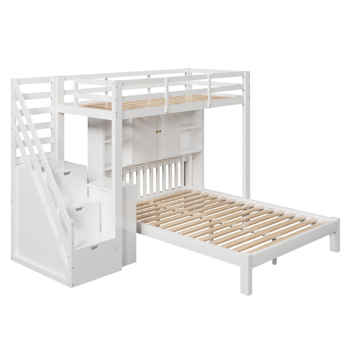POSCHODOVÁ posteľ 90/200 a 140/200 cm biela s úložnými schodmi a stolíkom z masívneho dreva a MDF - biela, drevo (90/200cm) - OKWISH