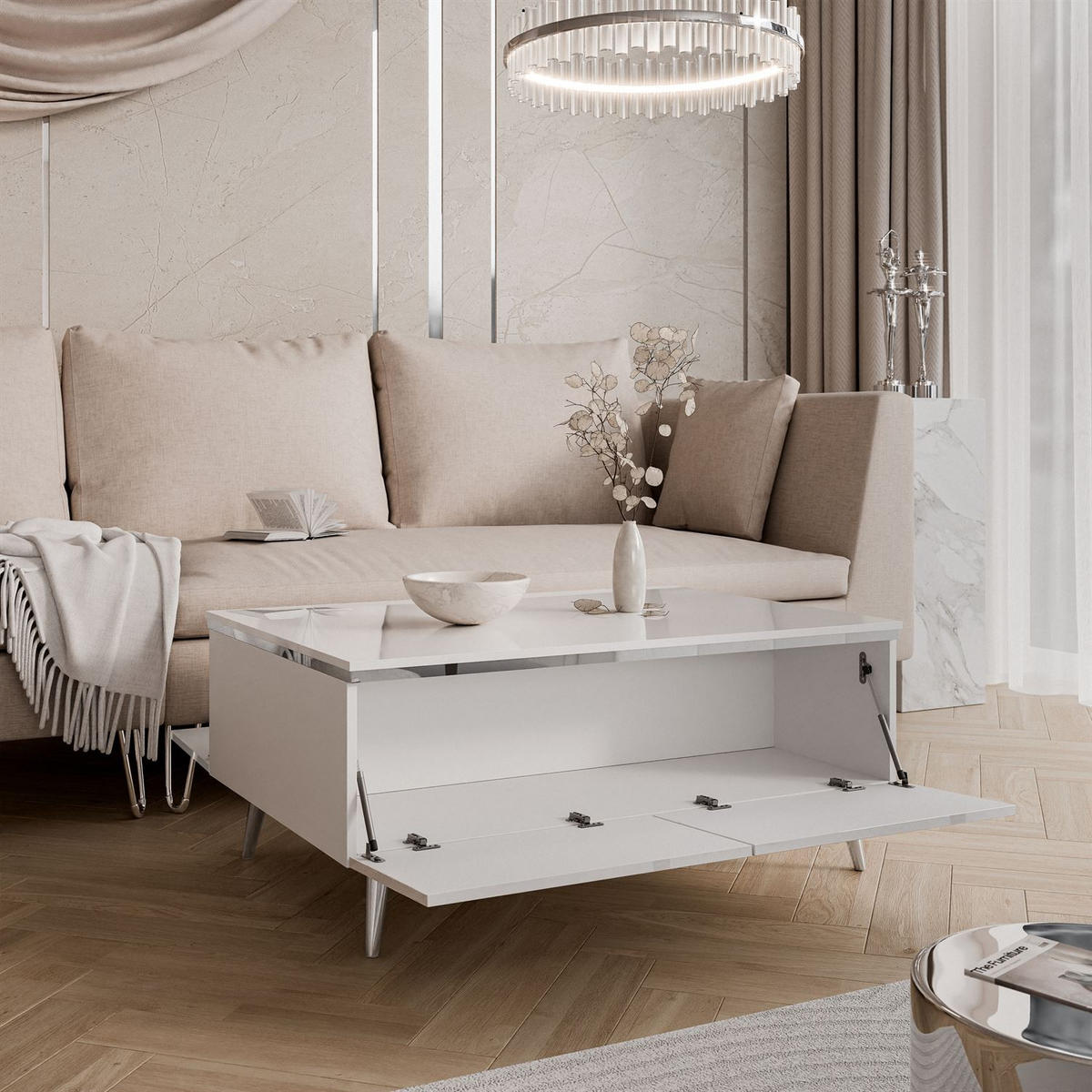 COUCHTISCH AURORA SILVER mit Stauraum und schrägen Beinen - Weiß Hochglanz/Silberfarben, Holzwerkstoff/Metall (60/90/41cm) - Lookway